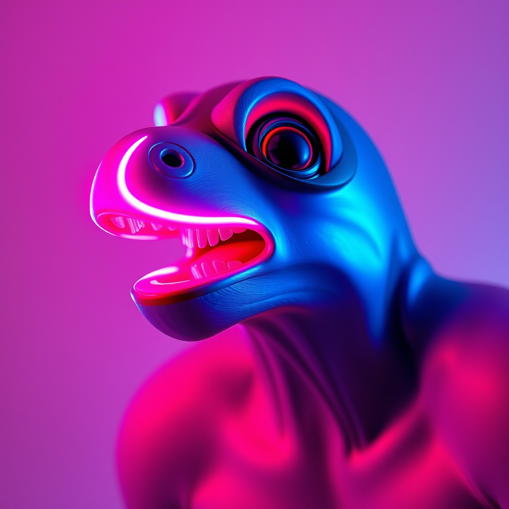 A brightly colored, stylized creature with vibrant blue and pink hues under dramatic lighting.