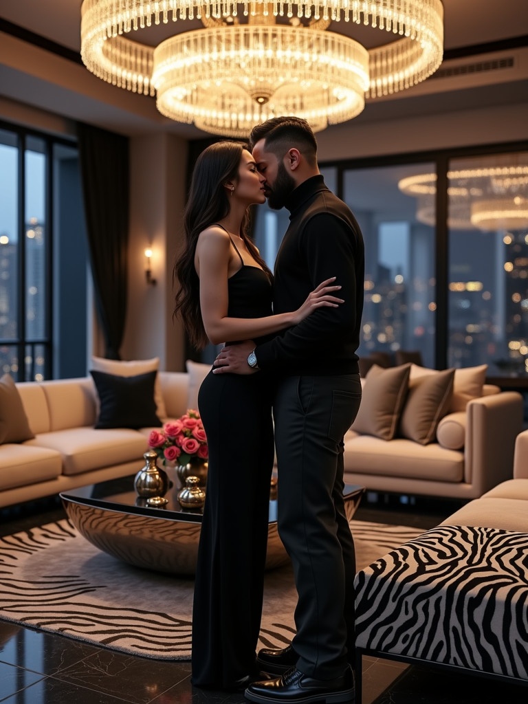 Couple in luxurious living room. Woman has elegant black dress. Man wears stylish cowl neck sweater. Art Deco design with zebra accents. Opulent chandelier casts warm glow. Floor-to-ceiling windows with city lights background. Intimate ambiance showcasing their deep connection.