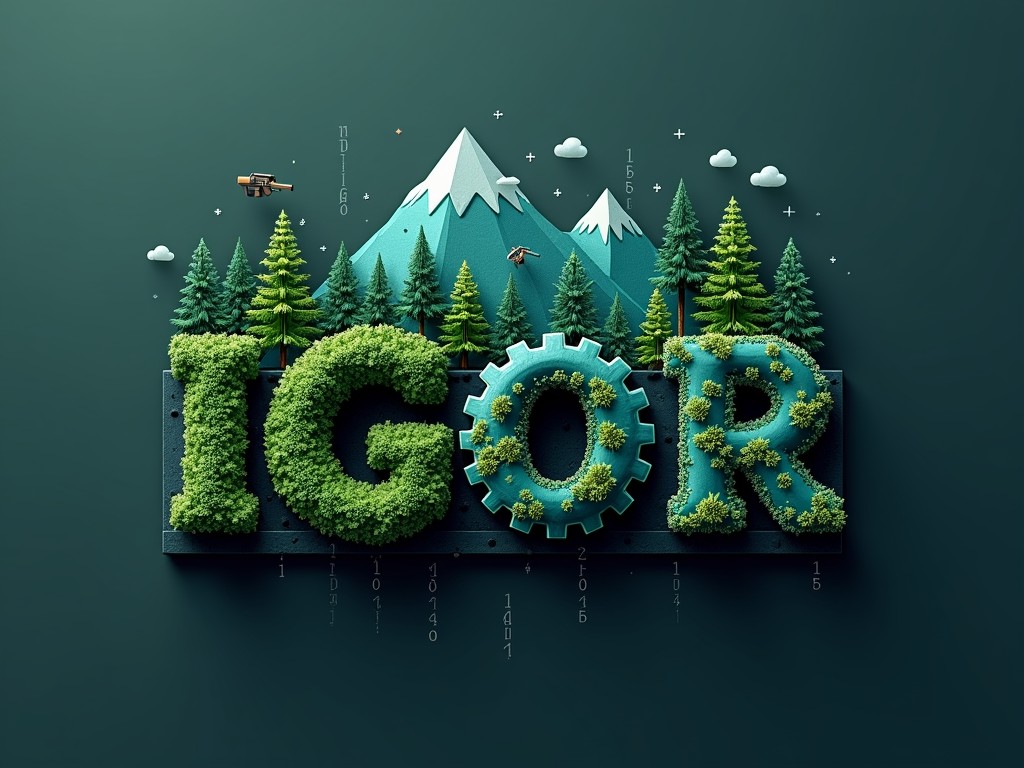 This image features the word 'IGOR' crafted in a unique typographic style, blending nature and technology elements. The letters are covered in lush greenery and mechanical textures, with a mountain range and trees in the backdrop, signifying a harmonious merger of natural landscapes and mechanical elements. Additionally, small clouds and geometric symbols add to the modern, tech-inspired theme.