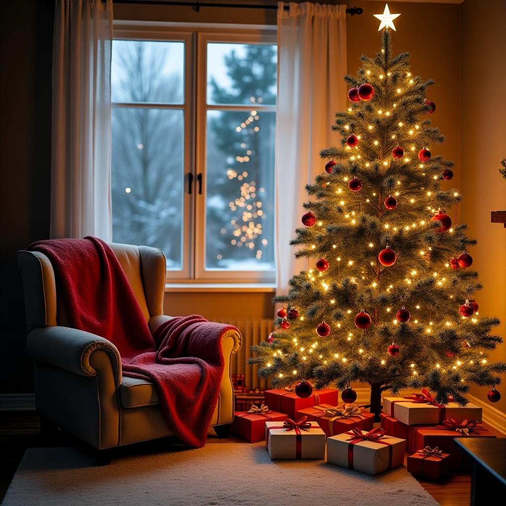 Cozy living room with a decorated Christmas tree and presents under it. Snow visible outside the window. A comfortable armchair with a blanket.