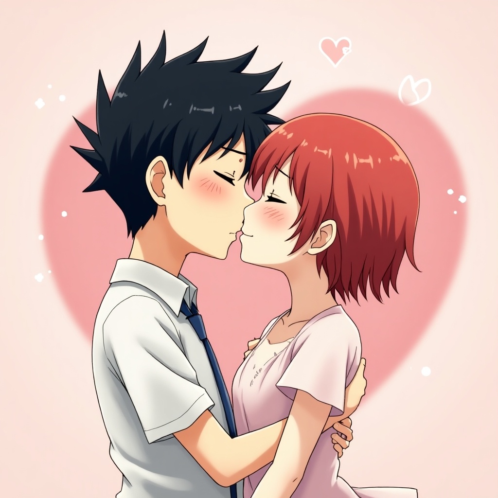 An illustration of two characters in a romantic moment. The boy with spiky black hair kisses a girl with short red hair. They are both blushing, conveying their affection. The background is soft pink, adding to the romantic atmosphere. Their embrace shows a deep emotional connection typical in anime and manga. This scene captures the charm and innocence of young love.