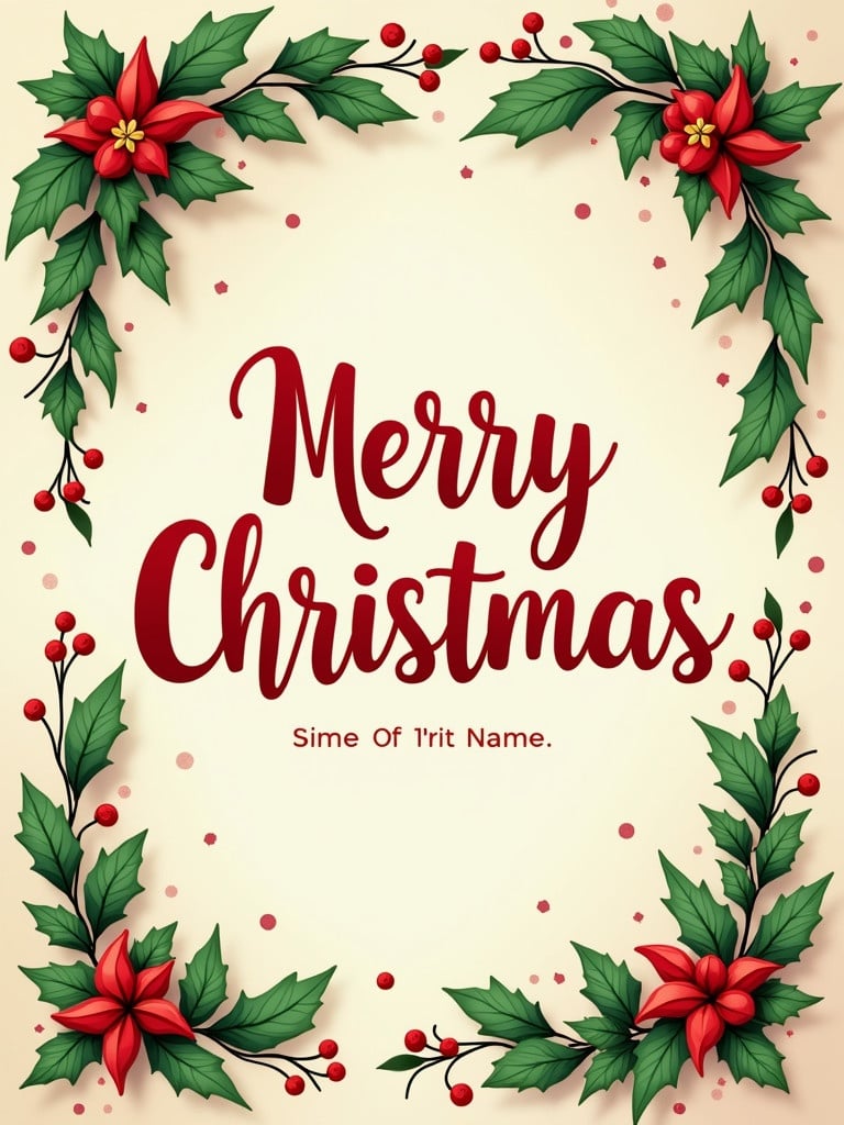 Festive Christmas greeting design featuring bold typography for the phrase Merry Christmas. Holly leaves and red ornaments frame the text. A warm and cheerful atmosphere with bright colors. Include the name HARINARAYANAN B.