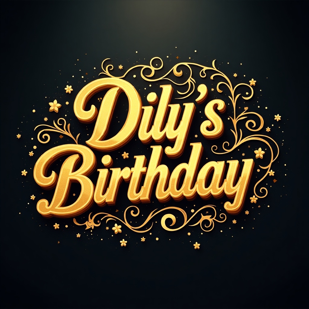 Richly embellished golden script design stating 'Dily's Birthday'. No background. Glowing particle effects present. Vector format.