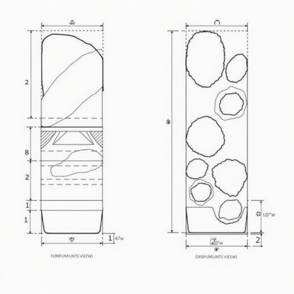 The image shows two technical drawings of a cubist jewelry bracelet. The left drawing is a profile view with dashed and solid lines indicating surfaces and contours. Horizontal lines suggest levels. The right drawing is a front view with circular shapes representing holes or recesses. The drawings include dimensions and symmetry hints.