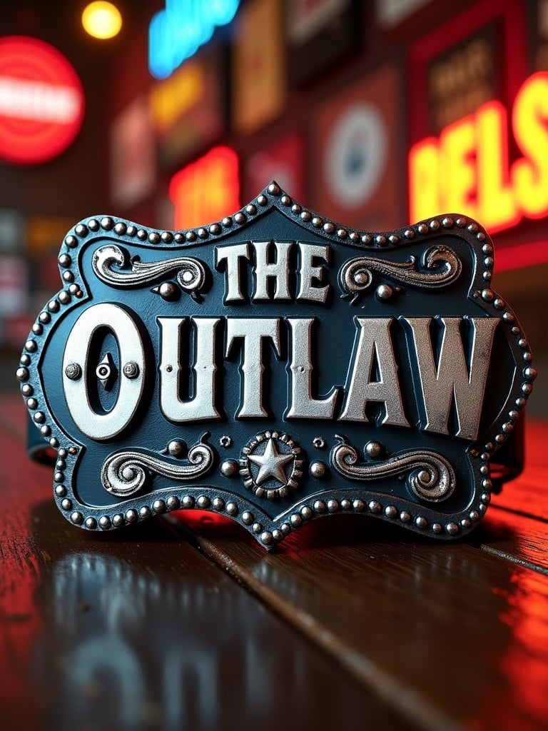 A metal belt buckle with the words 'The Outlaw' in vintage style. The letters are raised and styled in silver and black. The buckle is surrounded by metal tool designs and rivets. The background has a wood and metal texture, featuring Nashville-style lights and neon signs.