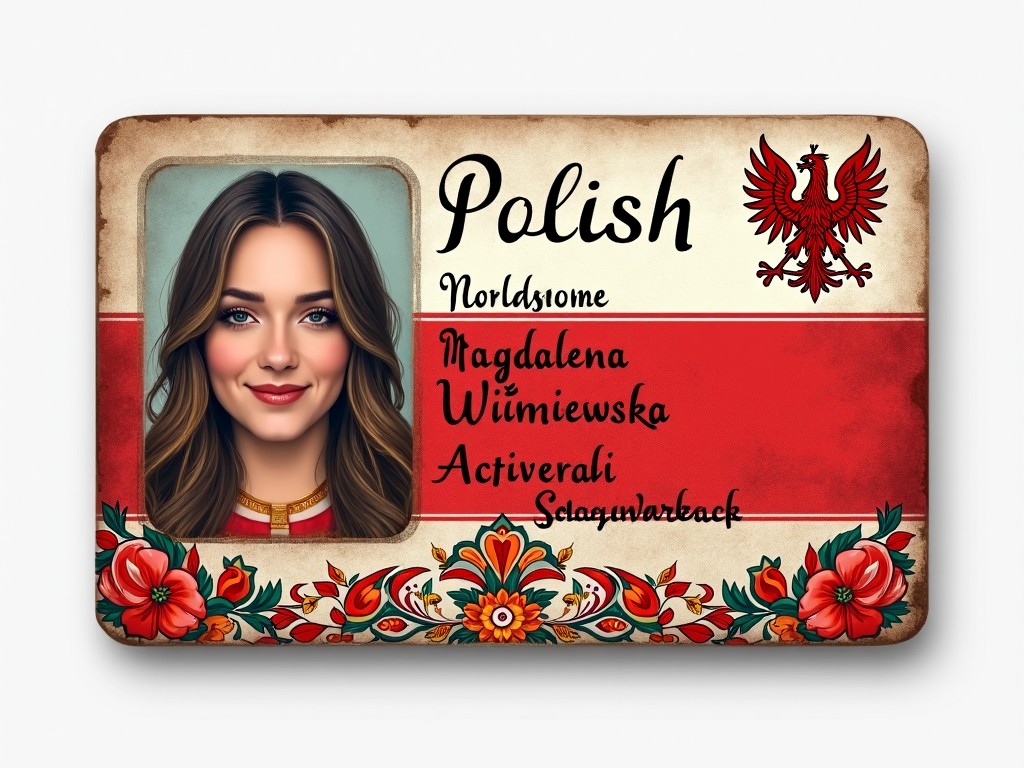 This image showcases a fictional Polish identity card featuring a young woman's portrait. It has a decorative border with traditional Polish floral motifs. The colors red and white symbolize Polish national pride. The card includes the name 'Magdalena Włimiwska' and other details written in an artistic font. The eagle emblem represents Poland and adds authenticity to the design. Overall, the card conveys a sense of cultural heritage.