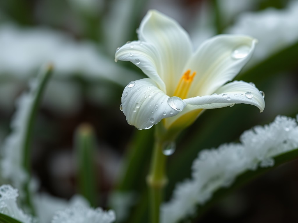 A delicate white flower with water droplets surrounded by snow.