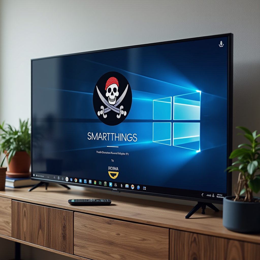 A smart TV displaying a pirate-themed interface with a skull and crossbones logo on the screen.