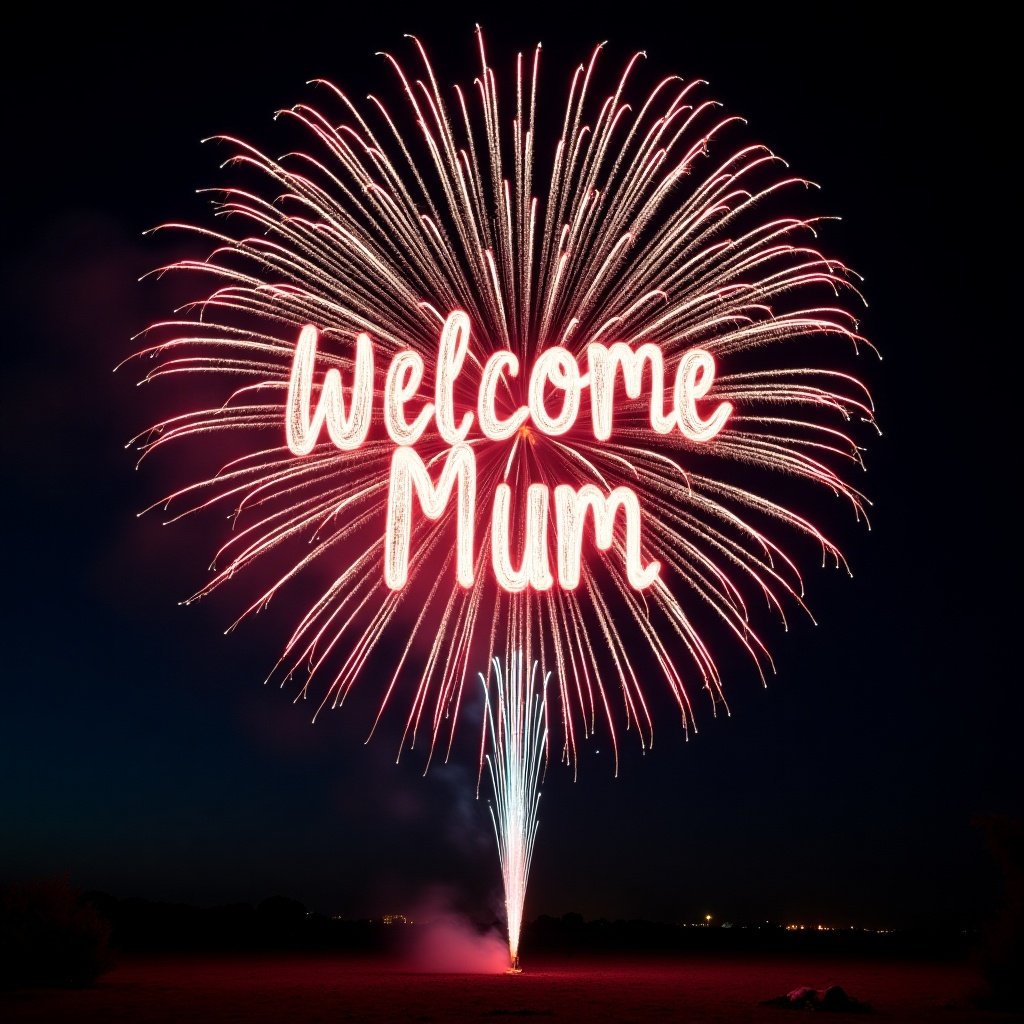 Vibrant firework explodes at night sky. Stunning display of colors. Text spelled out is 'Welcome Mum'.