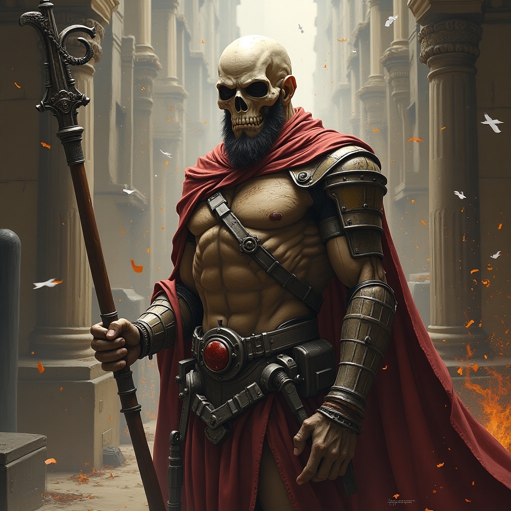 A muscular warrior wearing a skull mask stands in a dramatic landscape. The character is clad in armor and a flowing red cape. The setting includes ancient columns and scattered leaves. The lighting creates a somber atmosphere, emphasizing the warrior's strength and presence.