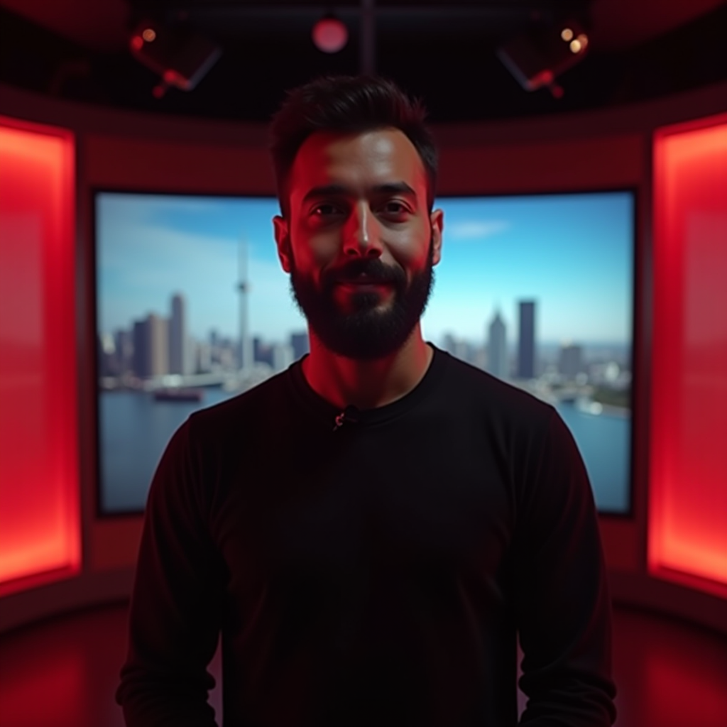 A man stands in a studio, with a city skyline on the screen behind him.