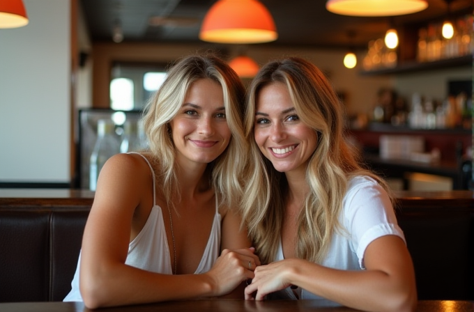 Two people are sitting close together at a wooden table in a warmly lit cafe, smiling at the camera, surrounded by a softly blurred background of pendant lights and shelves.