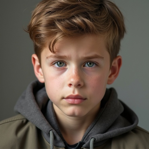 A young boy with a Central European look and short light brown hair wearing a hoodie. He is looking directly at the camera. Background is neutral and soft-colored.