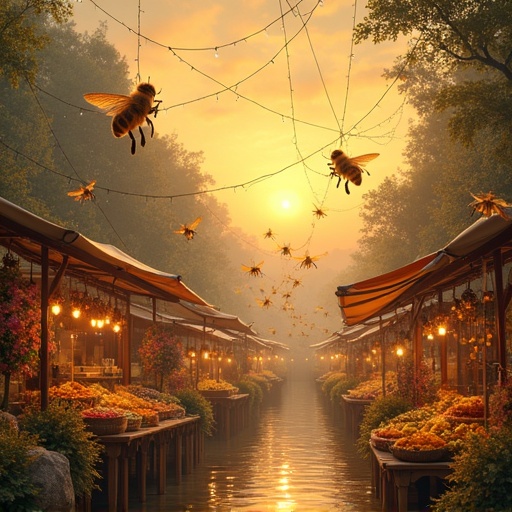 A bee marketplace set in mid-air supported by spider webs. Bees trading in exotic flora and honey. Market illuminated by a sunset glow.