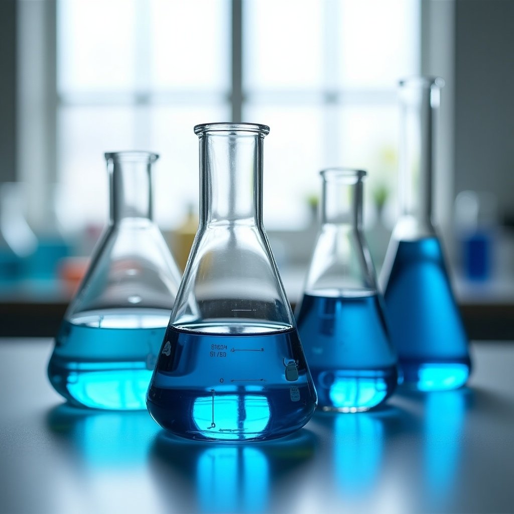 Image showcases laboratory glassware arranged on a table. Three main pieces include volume flask and filter beaker with additional flasks. Each filled with blue liquid indicating experiments. Background shows laboratory setting with natural light from the windows. Clear glass allows detailed view of liquids. Composition emphasizes precision and scientific inquiry.