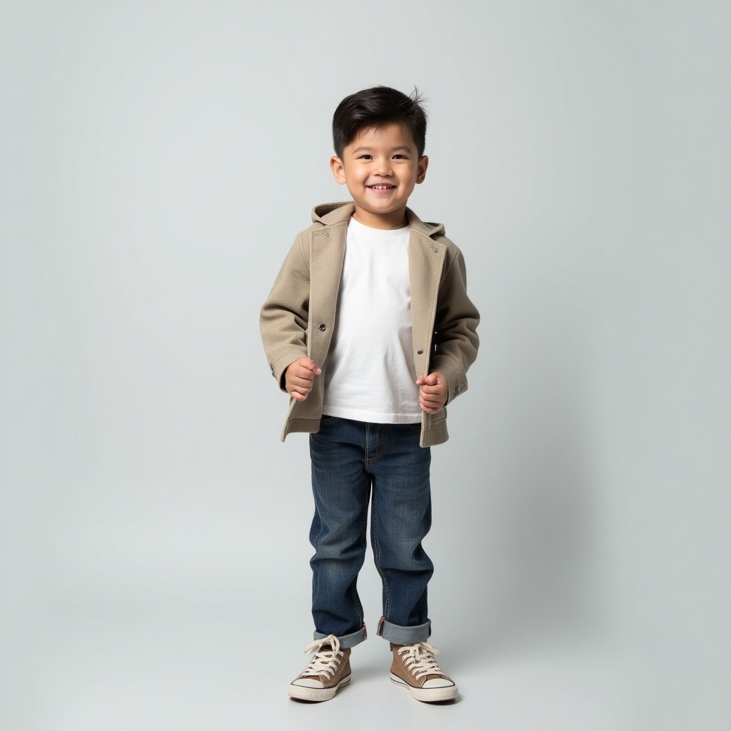 This image features a young boy standing upright against a light gray background. He is wearing a stylish outfit that includes a beige jacket and blue jeans. His natural smile radiates a sense of joy and confidence. The soft and even lighting enhances the calm atmosphere of the image. The boy's pose is relaxed and playful, embodying the innocence of childhood. The minimalistic style focuses attention on him without distractions, making the photograph appealing and inviting.