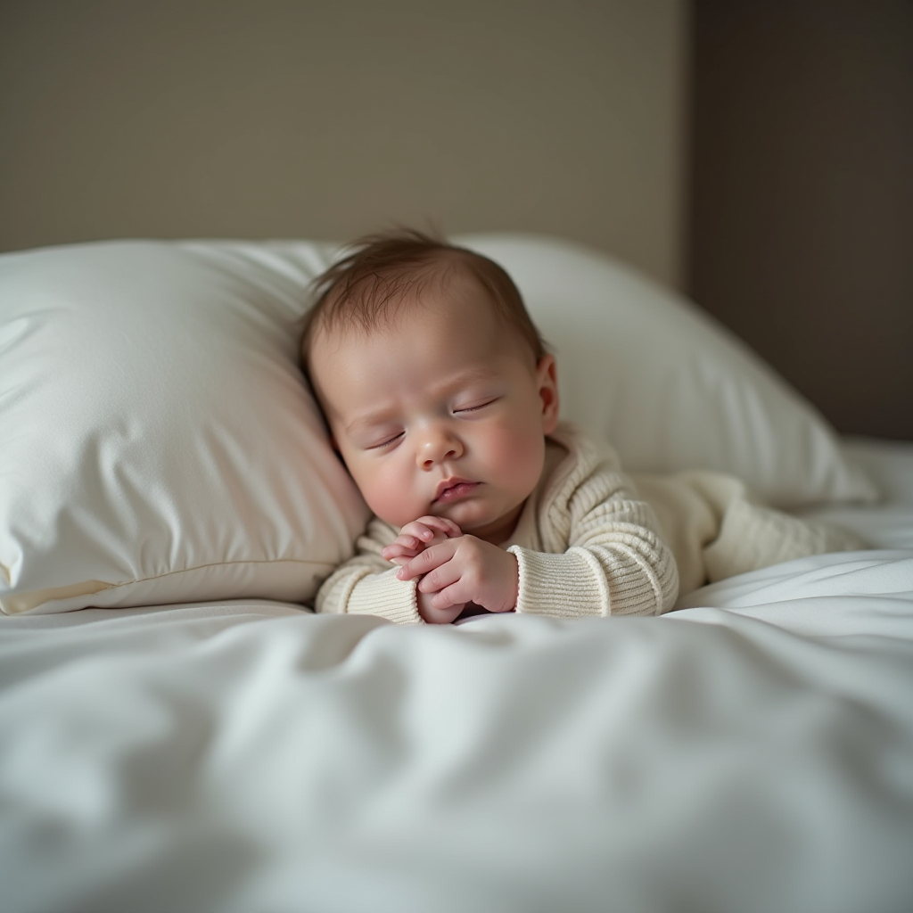 A baby peacefully sleeping on a soft white bed with a pillow.