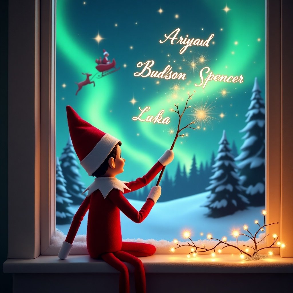 An enchanting Christmas scene features an elf on the shelf sitting by a window, facing away from the viewer. The elf is dressed in red and white, wielding a magic wand. He joyfully writes names like 'Aryah', 'Boston', and 'Levii' in glowing script above him. Outside, the vibrant northern lights add a magical ambiance to the scene. Santa and his sleigh can be seen flying across the snowy landscape, completing the festive atmosphere. The warm glow from the window enhances the charm of the winter night.