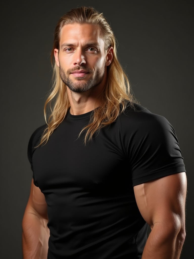 Image of a muscular male wearing a tight black shirt. He has long blonde hair. Background includes soft lighting that enhances his form.