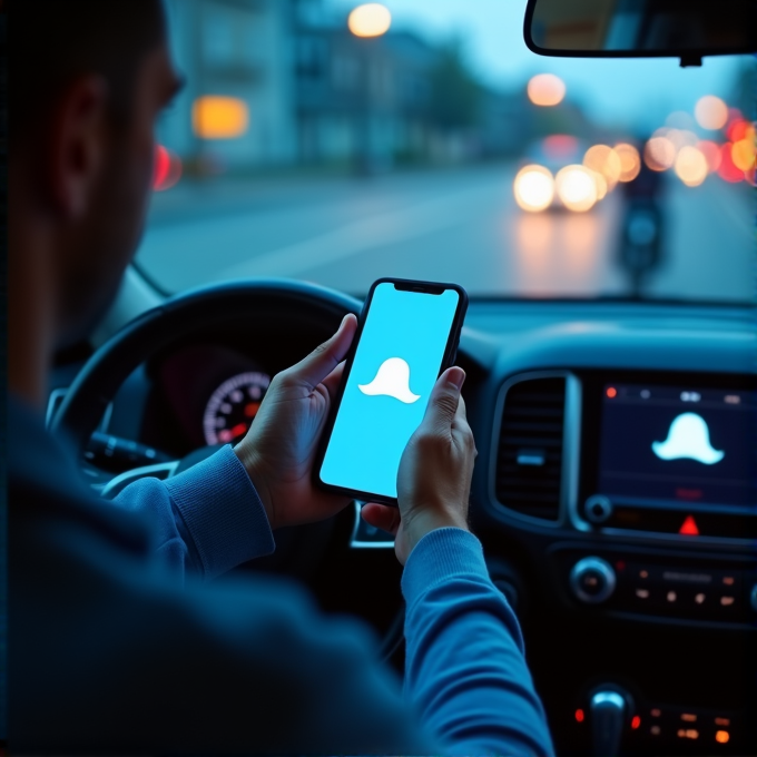 A driver using a smartphone with a ghost icon while on the road in low light conditions.