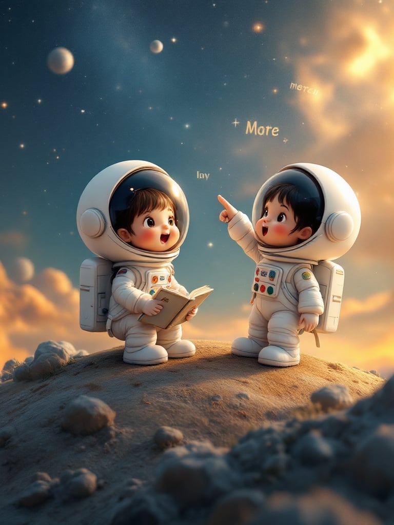 Two young astronaut girls are on a small planet. One girl holds a picture book. The other girl points at the sky. Words float around them in the scene. The atmosphere is whimsical and enchanting.