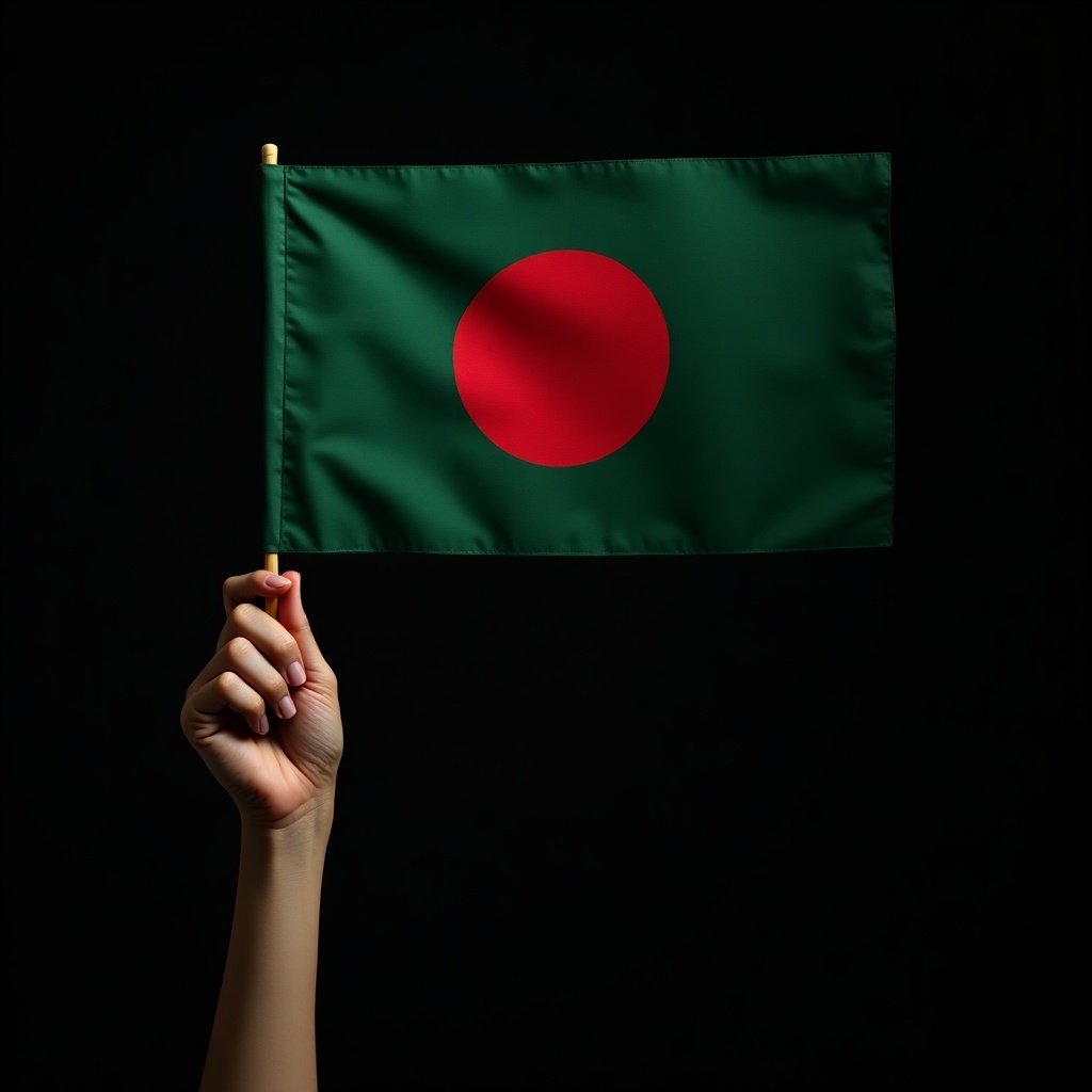 Hand holds a flag of Bangladesh. Dark studio background. Simple and focused representation of national identity.