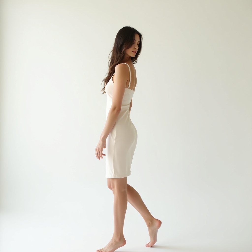 A woman stands gracefully in a minimalist setting. She wears a light, form-fitting dress. Pose is slightly turned to the side. The clean lines of the outfit are showcased. Simplicity of the background emphasized. Overall composition captures serene and refined aesthetic. Natural beauty and elegance highlighted.