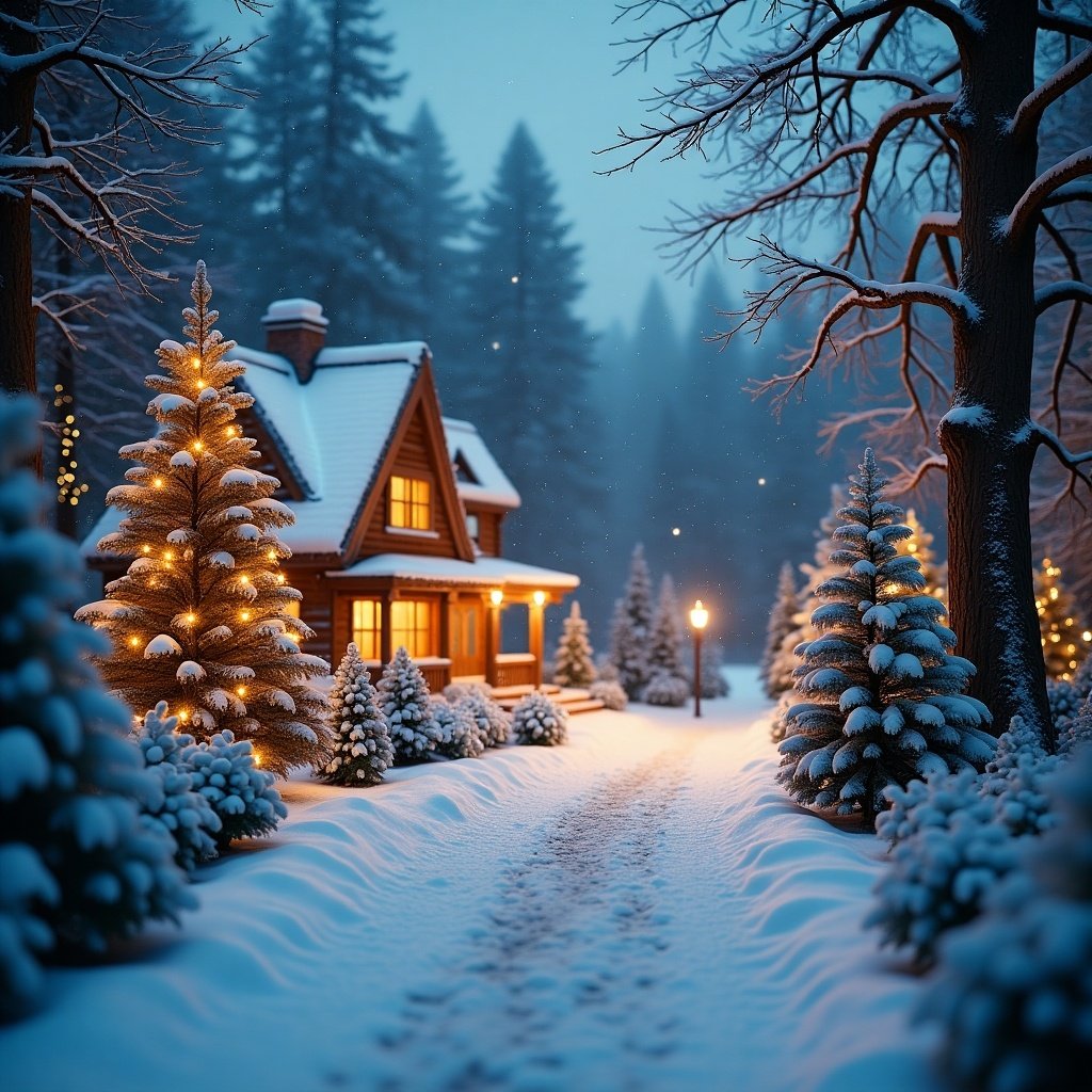 A serene winter wonderland featuring a cozy cottage with warm lights. Snow-covered trees line a winding path. Soft snowfall surrounds the festive scene, creating a peaceful atmosphere.