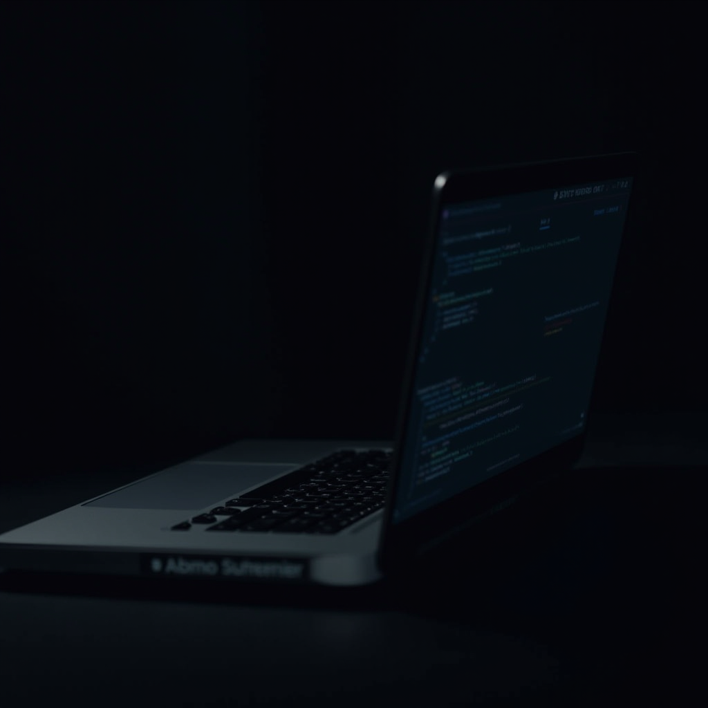 A dimly lit laptop screen displaying lines of code in a dark environment.