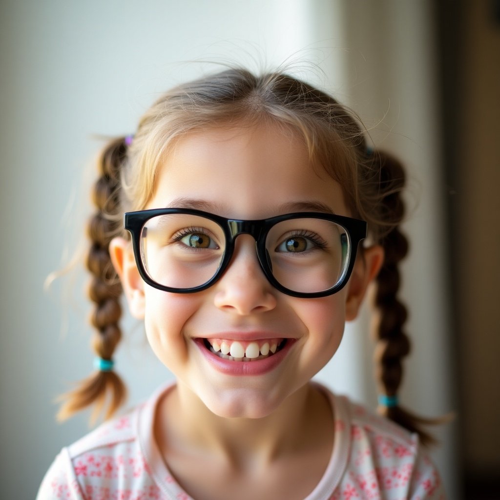 An image captures a young girl smiling joyfully. She wears large glasses and has her hair in two braided pigtails. Sunlight softly illuminates her face, enhancing her cheerful demeanor, with a subtle background that draws focus to her expression.