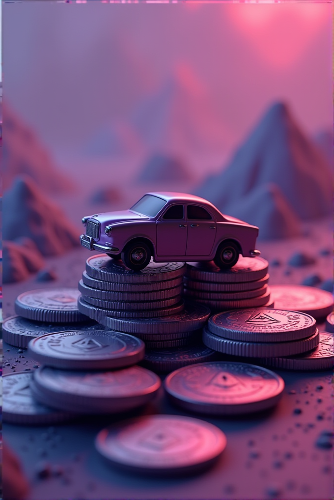 A toy car perched on stacks of coins against a dreamlike, purple-hued landscape.