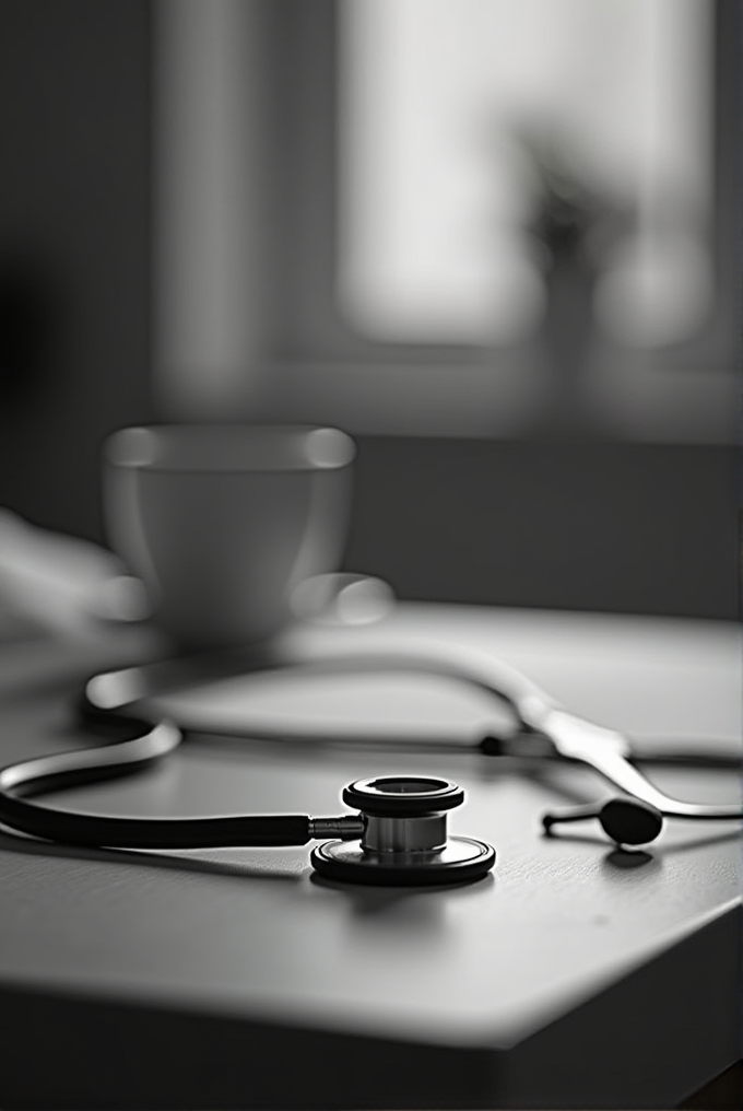 A monochrome image features a stethoscope lying on a table, with a blurred cup and a window in the background, suggesting a calm, reflective medical environment.