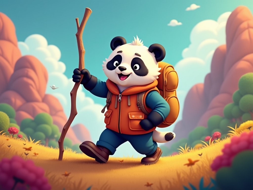 A cheerful cartoon panda embarks on a hiking adventure, holding a sturdy walking stick. The panda is dressed in an orange vest over a blue outfit, with a warm expression. It walks through a vibrant countryside filled with gentle mountains, fluffy clouds, and blooming flowers, suggesting a lively and joyous atmosphere.