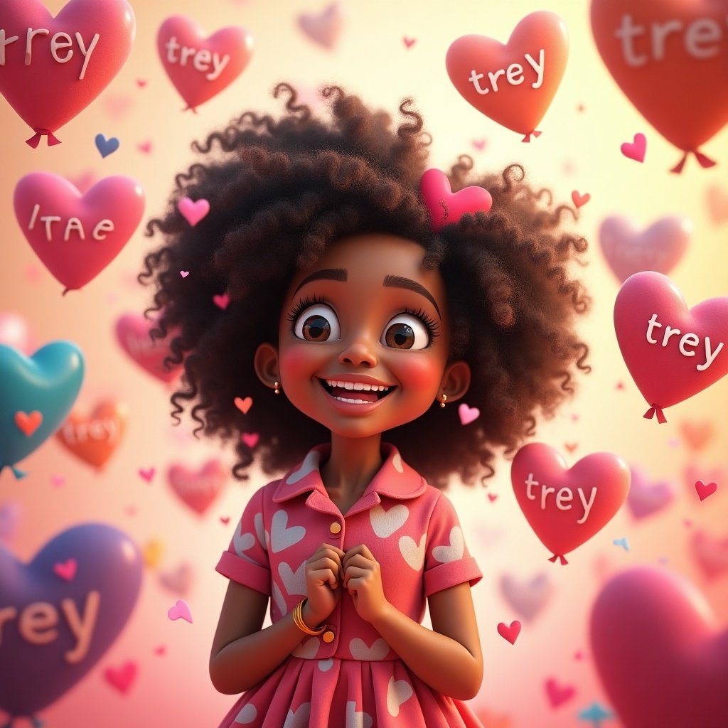 A girl named Amaya with curly hair wearing a pink dress covered in hearts. Heart-shaped balloons float around with the name trey written on them.