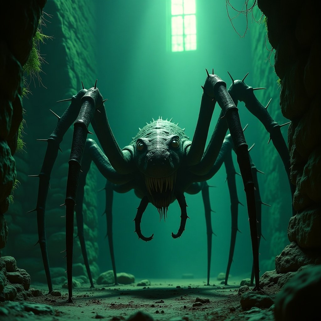 Scene featuring a hybrid creature combining features of a spider and a snake. Creature has multiple long legs and menacing fangs. The setting is a dark castle illuminated by a window. Shadows and eerie ambiance enhance the chilling effect.