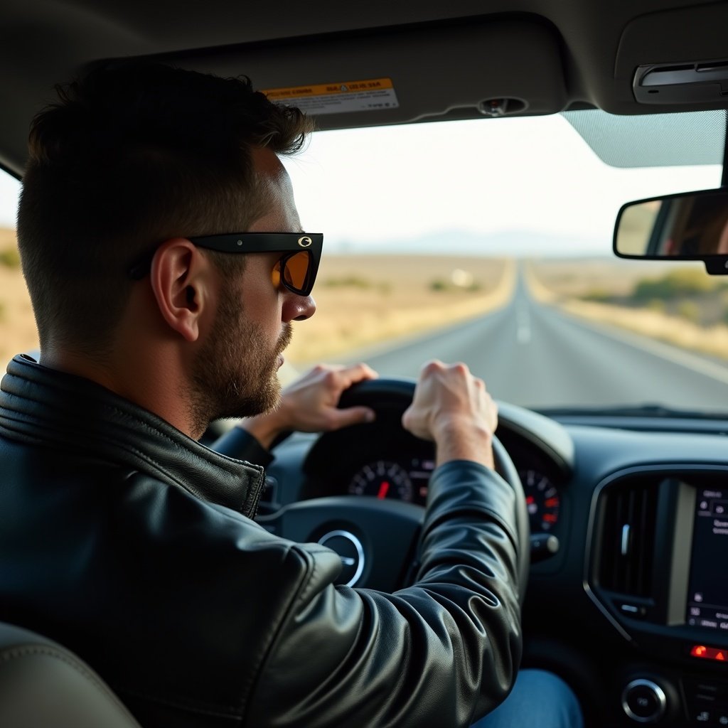 Man in a leather jacket driving attentively on an open road