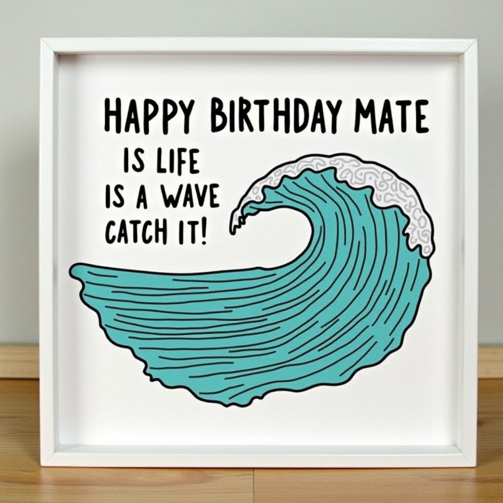 The image features a vibrant wave illustration alongside a fun birthday greeting. In bold letters, it says, 'Happy Birthday Mate'. The phrase 'Is life is a wave, catch it!' adds a playful touch. The color palette is predominantly teal, with white froth on the wave. The design is perfect for anyone who loves the ocean or surfing.