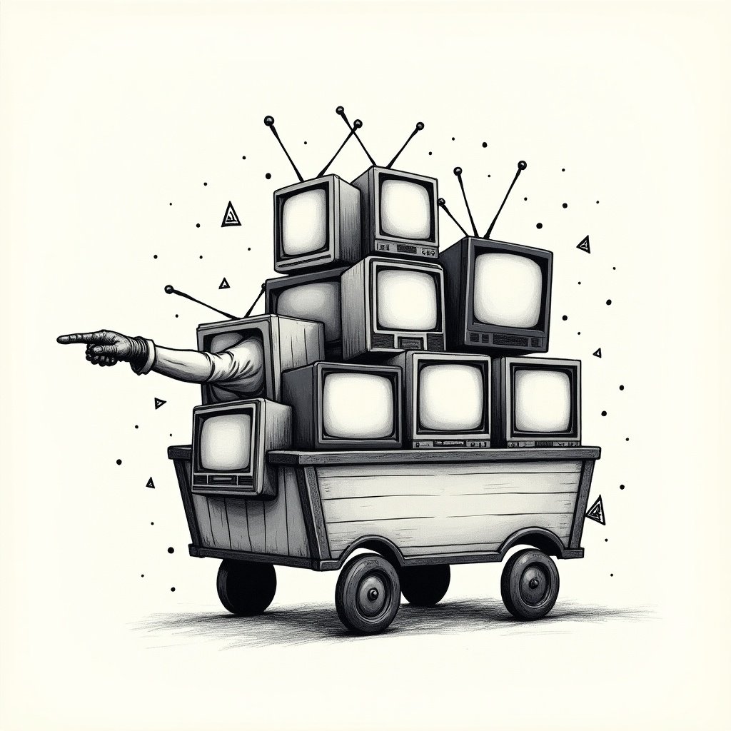 Surreal cart filled with old television sets. Rustic mechanical cart on wheels. Gloved hand points outward. Sparse background with geometric shapes. Vintage technology meets abstract art. Atmosphere of nostalgia.