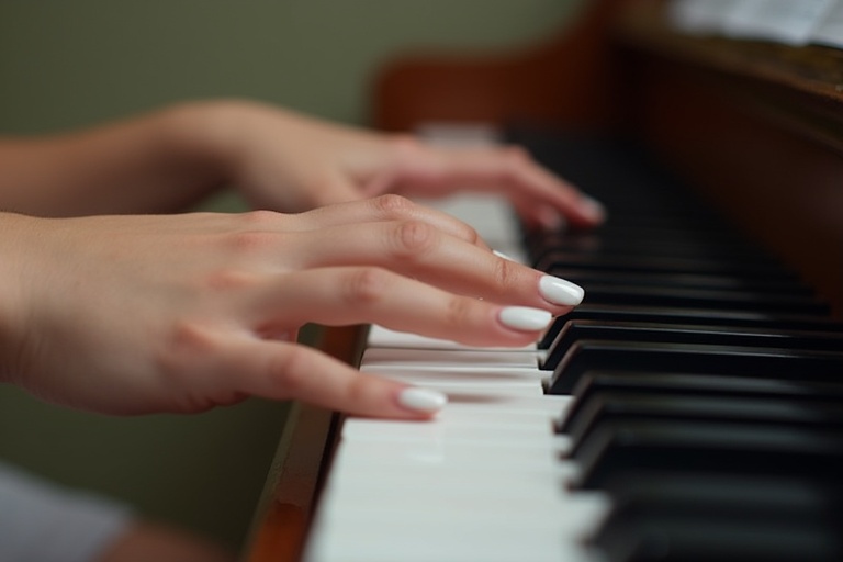 Close-up of a young woman's hands with white nail polish playing piano keys. Soft natural light highlights hands and piano. Focus on piano keys with blurred background. No feet visible.