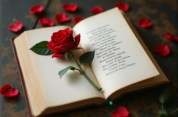 An open book with a red rose placed delicately on its pages amidst scattered rose petals.