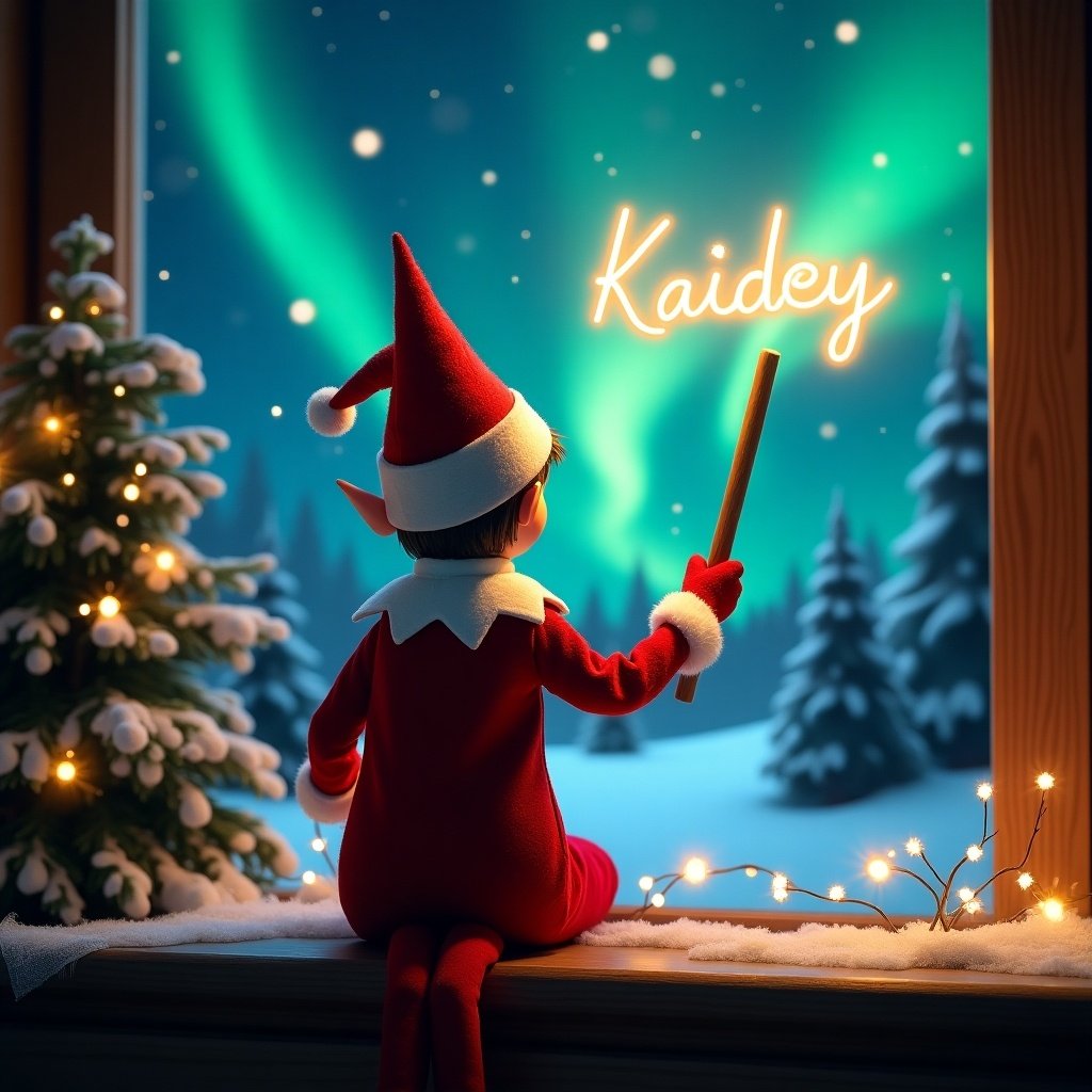 An enchanting Christmas scene featuring an elf on the shelf, who is facing the sky with his back to the viewer. The elf, dressed in red and white, wields a magic wand, 'Kaiden', and 'Casey' in glowing script above him. The backdrop is adorned with vibrant northern lights, adding a magical ambiance. The scene is festive, portraying the spirit of Christmas with a whimsical twist. The elf's position and action create a sense of wonder and excitement that captures the joy of the holiday season.