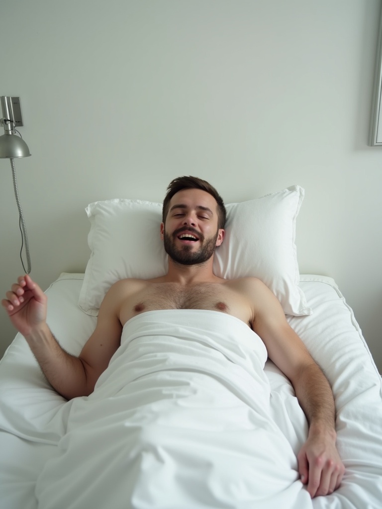 Generate a video simulation of a white man laying in bed in a white bathroom. Display appropriate body posture movement lip sync and eye blinking for video call.