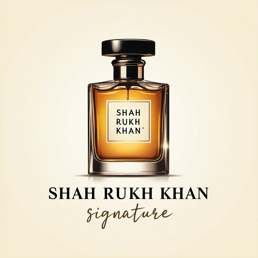 High-end fragrance brand logo design. Stylish perfume bottle showcased. Elegant typography includes name 'SHAH RUKH KHAN SIGNATURE'. Sophisticated color palette applied.