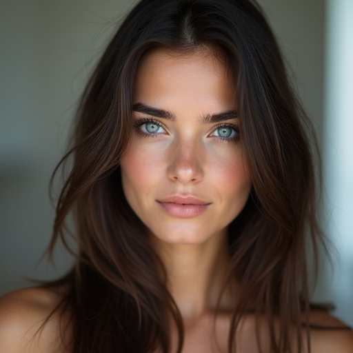 Photorealistic portrait of a beautiful young woman with long dark brown hair. Her striking blue eyes are prominent. Soft neutral studio lighting highlights her features. The background is neutral. Her face and eyes are symmetrical.