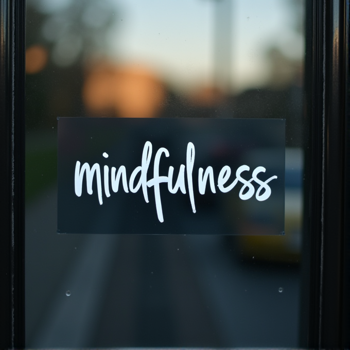 The image shows the word 'mindfulness' written on a clear reflective surface.