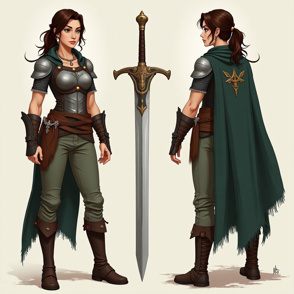 Three views of a female character model named Elena Mirso. She is strong, determined, compassionate. Height is 170 cm, athletic build. Long dark chestnut hair in a low ponytail with beads and feathers. Wearing leather armor, reinforced shoulder guards, chainmail chestplate with family crest. Form-fitting trousers, high-top combat boots with wear marks. Deep green cloak secured with golden clasp. Wielding a double-edged sword with intricate carvings. Calm yet resolute expression. Outdoors setting with natural beauty and harsh environments.