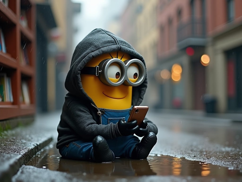 A cheerful Minion sits in a puddle during a rainy day on a wet city street. The character is engaging with a smartphone, highlighting its curiosity and playfulness. The Minion is dressed in a dark hoodie, adding a cozy vibe to the scene. In the background, there is a blurred bookshelf, suggesting an indoor setting. This playful yet industrious scene hints at the Minion's creative endeavors amidst the rain.