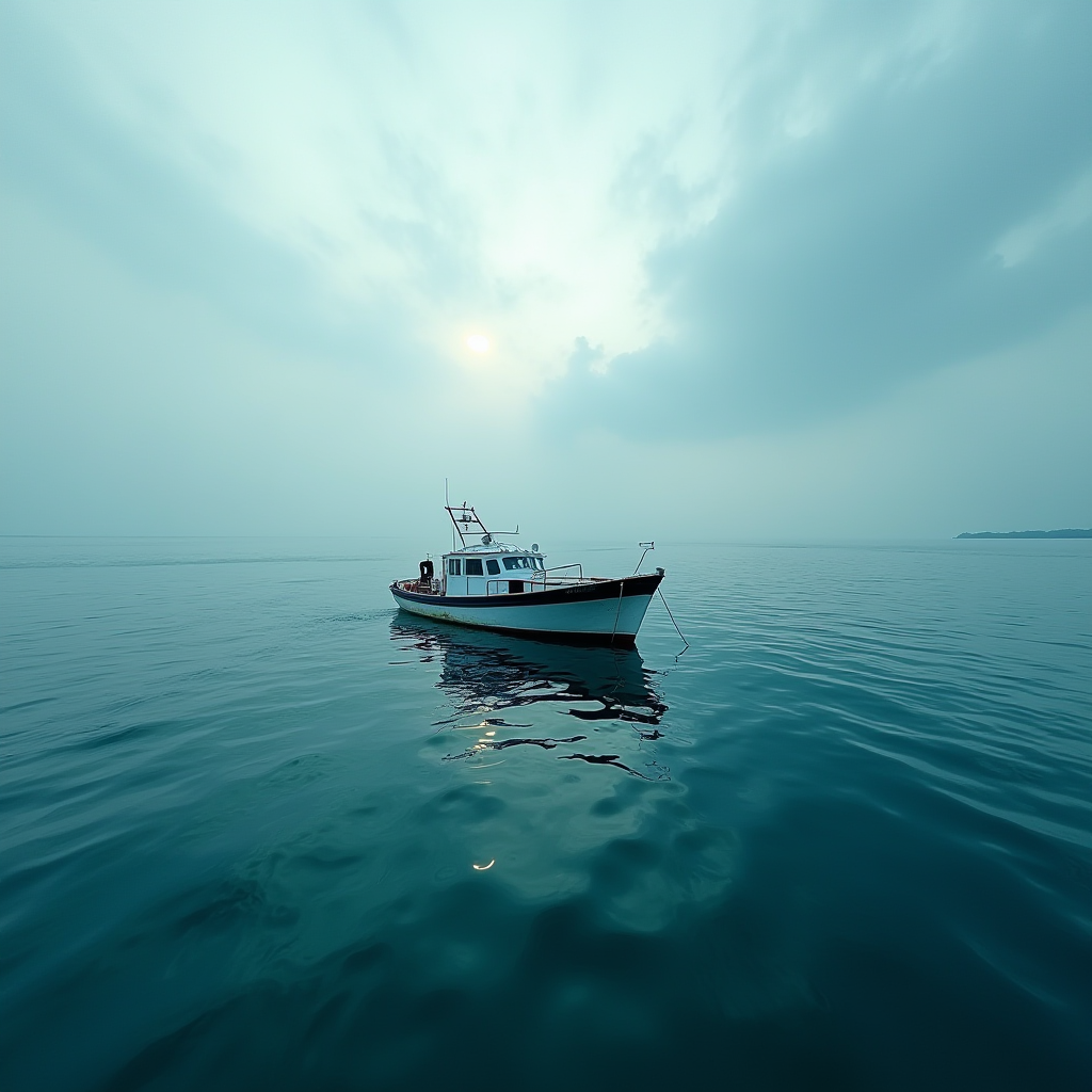 A lone boat floats gently on calm, turquoise waters under a cloudy sky.