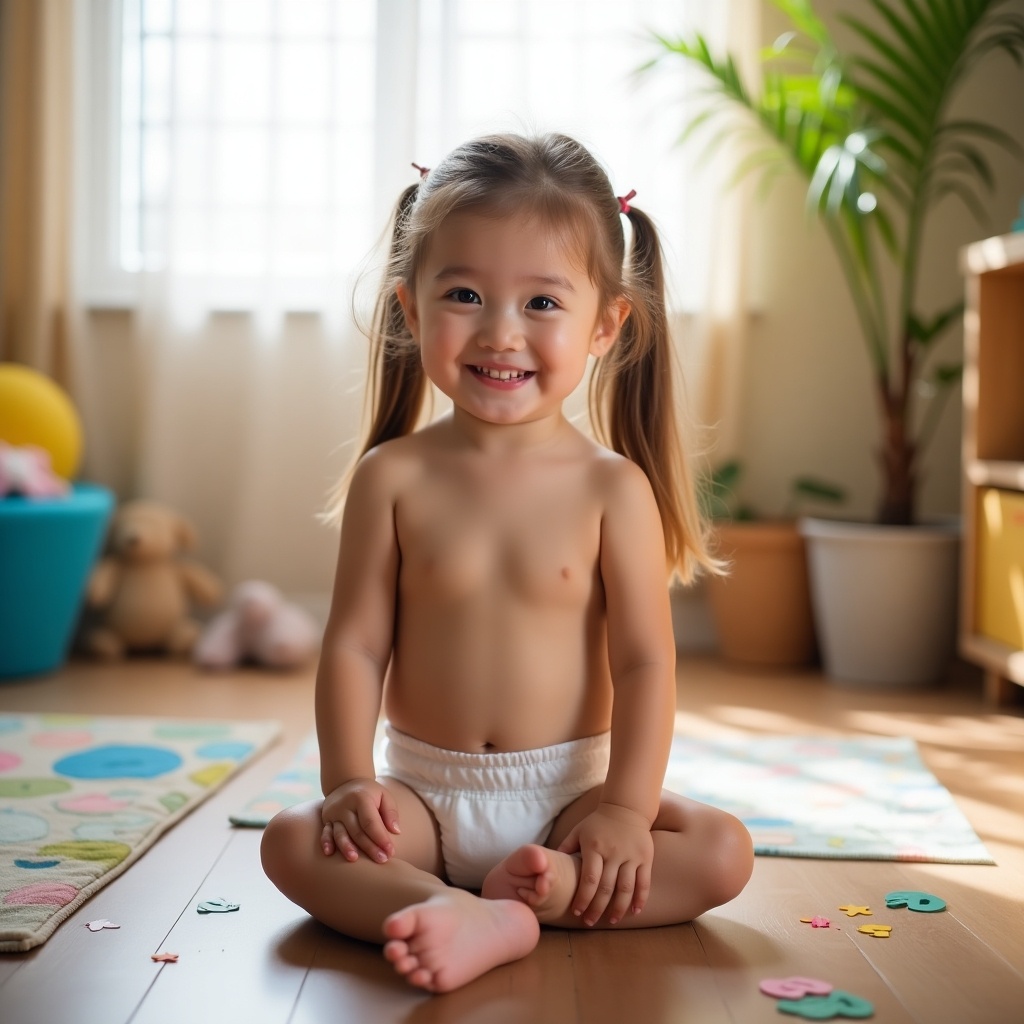 The image features a cheerful young girl sitting cross-legged on a colorful mat. She has long hair styled in playful pigtails and wears a clean, size-appropriate diaper. The setting is a bright and airy room with natural light streaming in from a nearby window. The atmosphere is playful and inviting, with soft toys and colorful letters scattered around. This scene captures the essence of childhood joy in a homely environment.