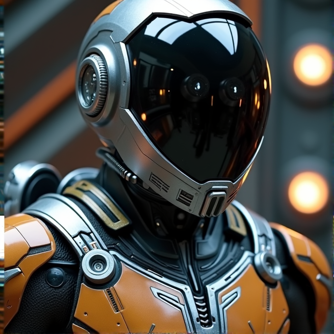 A robotic figure with a sleek helmet and armored suit featuring metallic and orange tones.